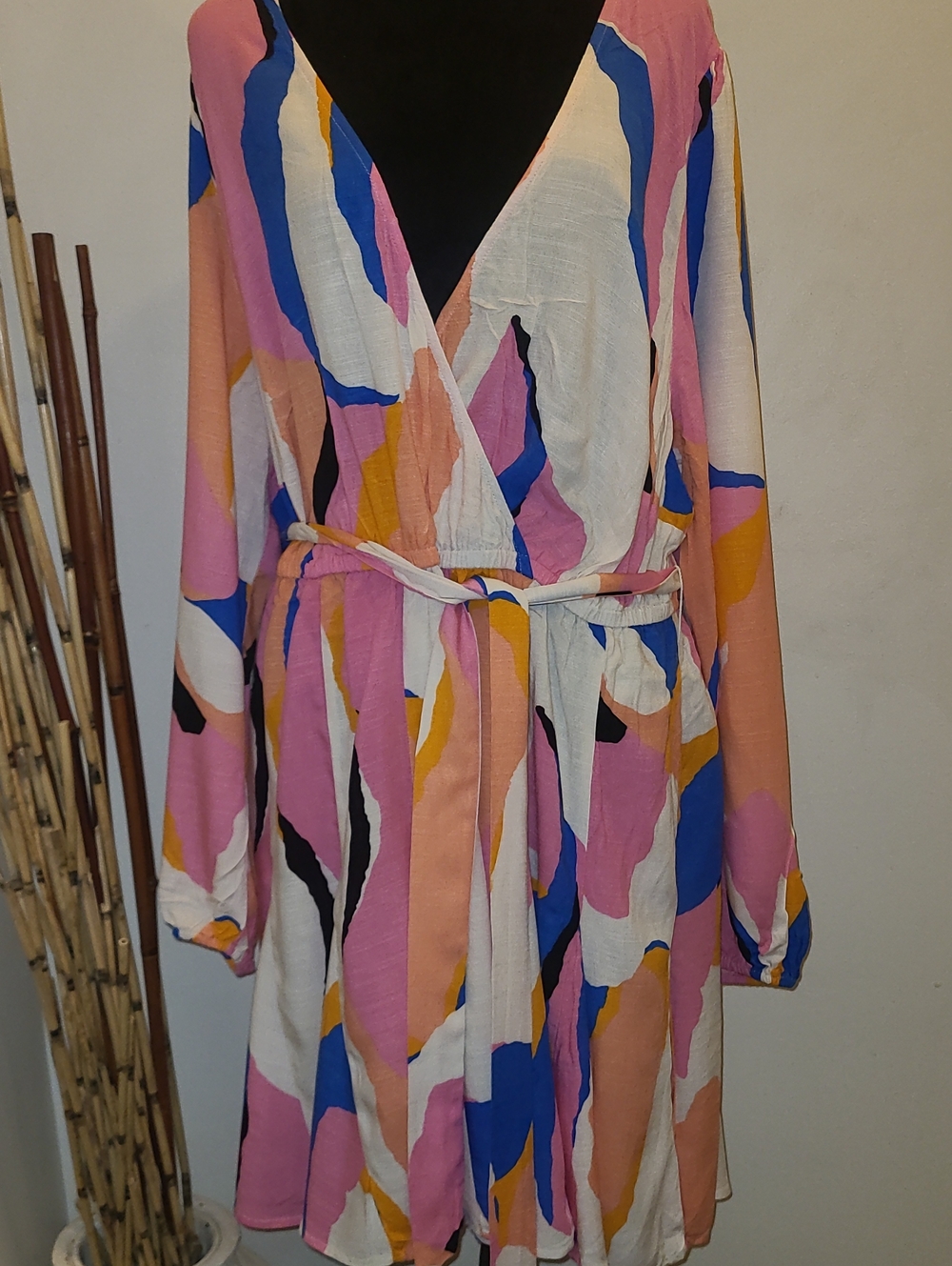 Ava & Viv Multicolor Abstract Wrap Dress - Pink, Blue & Mustard